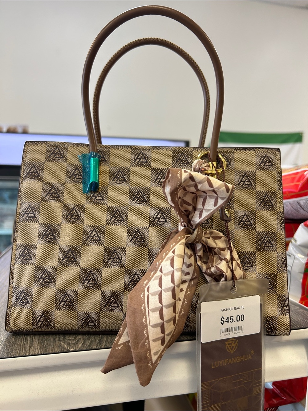 Brown Patterned Top-Handle Women’s Tote with Scarf Accent